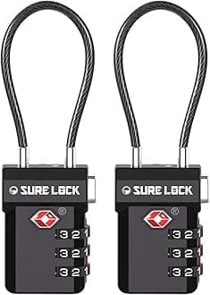SURE LOCK TSA Approved Luggage Locks – 3-Digit Combination Cable Lock with Red Indicator, Large Dial & Easy-Press Button for Suitcases and Backpacks – Multi-Pack & Color Options