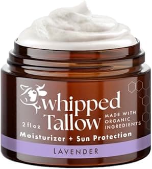100% Grass Fed Beef Tallow for Skin Care - Face + Body - Whipped Moisturizer for Sensitive Skin - 100% Natural Lotion. Handmade Organic Body Butter - 2 FL OZ (Organic Lavender)
