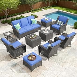 ovios 10 Pieces Patio Furniture Set with Swivel Rocking Chairs, Outdoor Wicker Sofa Couch Comfy Cushions, All Weather High Back Modern Conversation Set, Brown Rattan, Navy Blue