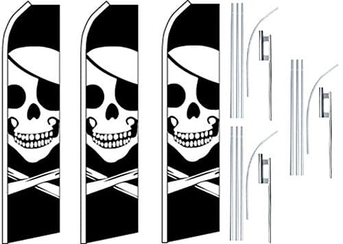 3 Swooper Flutter Feather Flags plus 3 Poles & Ground Spikes SKULL & CROSS BONES Black White