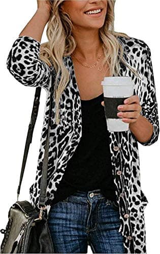 Women's Leopard Printed Cardigans Shirt Lightweight Button Down Cardigans Coat W Pockets(S-2XL)