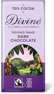 Divine 70% Cocoa Dark Chocolate 90g Bar – Fairtrade Dark Chocolate – Smooth Rich Flavour – Ethical Premium Chocolate