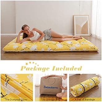 Japanese Floor Mattress, Futon Mattress with Portable Storage Bag and Washable Cover, Roll Up Thick Tatami Mat Suitable for Camping, Guest Room, Yellow Flower, Full