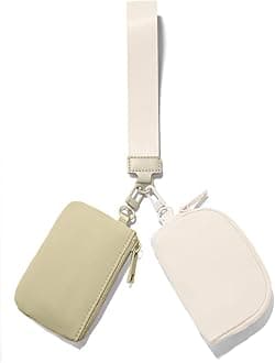 Mini Zip Around Keychain Wristlet Wallets Small Portable Dual Pouch Wristlet Detachable Coin Purse Pocket, Khaki+cream White, Small