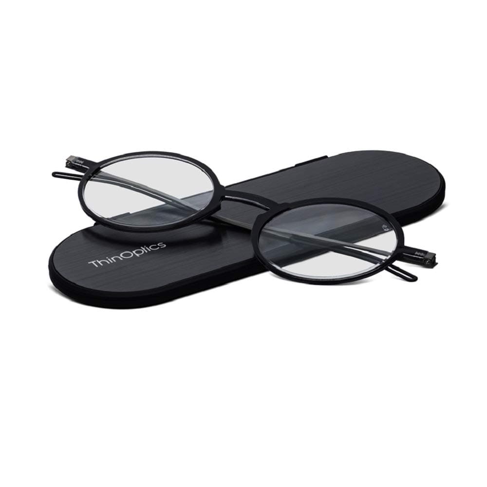 ThinOptics Manhattan Reading Glasses Black Frames With Milano Magnetic Case - 1.50 Strength Thin Lightweight Compact Round Readers