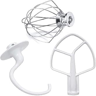 Kitchen Mixers Accessories 3-Piece Including K5AB Coated Flat Beater&K5ADH Dough Hook for Kitchen Stand Mixer&K5AWW Wire Whip for k-i-t-c-h-e-n-a-i-d k5a Tilt-Head Stand Mixer Attachments MIFLUS