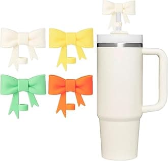 4Pcs Bow Straw Cover Topper for Stanley Cup,Silicone Beige Straws Toppers for Tumbler with Handle 40oz,Cute 10mm/0.4in Covers Cap,Reusable Lids for Stanleys Cups Accessories