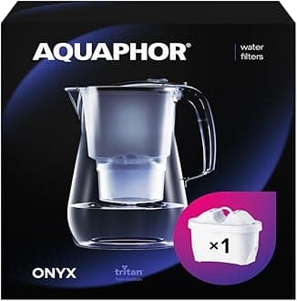 AQUAPHOR Onyx Black Water Filter Jug - Counter Top Design with 4.2L Capacity, 1 X MAXFOR+ Filter Included Reduces Limescale Chlorine & Microplastics Perfect for Families, Premium Quality Glass Effect