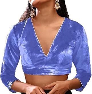 The India's Store Indian Women's Stylist Velvet Saree Blouse Stitched, Sari Choli/Top V-Neck, 3/4 Sleeve with Gotta Patti