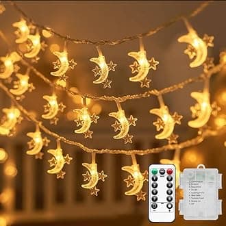 NecomiDiwali Decoration Lights, 10m/80LED Stars Moon String Lights with Remote Control, 8 Modes Diwali Light for Garden Wedding Party New Year (Warm White)
