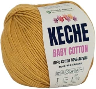 Keche Cotton Yarn, 60% Cotton 40% Acrylic Yarn, Soft Cotton Yarn for Crochet and Knitting, Amigurumi Yarn 1 Skein/Ball 1.76 Oz (50g) / 180 Yrds (165m) - Mustard