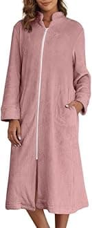 Ekouaer Women's Zip Up Robe Fleece Bathrobe Long Zipper Lounger Warm Housecoat Long Sleeve Nightgown with Pockets S-XXL