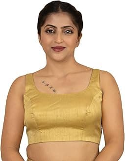 Women's Raw Silk Sleeveless U Round Neck Plain Readymade Saree Blouse Padded Stitched Lining Designer Indian Festive Blouse | S5