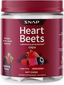 Heart Beets Beet Root Soft Chews, Cardiovascular Support Supplement for Men & Women, CoQ10 & Acai, Energy & Circulation Support, Sugar Free, Mixed Berry, 60 Soft Chews