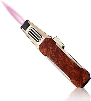 JOBON Solar Beam Torch, Adjustable Lockable Firepower Butane Refillable Jet Flame Lighter for Baking Kitchen Grill BBQ Camping (Gas Not Included) (Pink Flame-Brown with Gold)