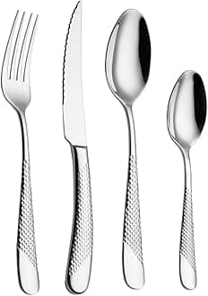 Mirror Finish Silver Plated Stainless Steel Flatware Set - Copper Silverware Rose Gold Color Cutlery [Dinner Fork, Tea Spoon, Salad Spoon, Knife] Set of 4 (Silver DOT)