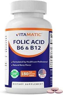 Vitamatic Folic Acid, Vitamin B12 & B6 – 180 Fast Dissolve Tablets Heart Health, Energy Production & Red Blood Cell Support