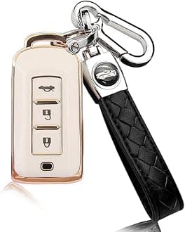 HIBEYO Key Fob Cover for Mitsubishi Outlander Sport Eclipse Cross ASX Mirage Fortis Key Shells TPU with Leather Keychains for Mitsubishi Accessories 3 Buttons Key(White)