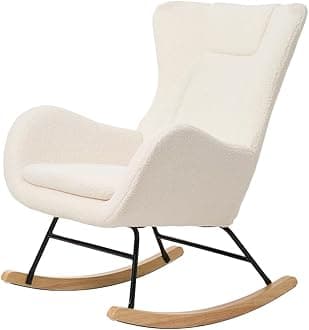 INMOZATA Rocking Chair for Nursery Teddy Rocker Relaxing Recliner Chair Traditional Arm Rest Lounge Chair with Teddy Cushion for Adults Living Room Bedroom(Ivory White)