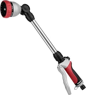 RESTMO 48cm Watering Lance, Long Metal Spray Lance | 180° Adjustable Ratcheting Head | 7 Spray Patterns Extension Hose Wand, Perfect Garden Sprayer Gun to Water Hanging Baskets, Shrubs, Red