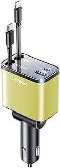 [2024 Upgraded] 4 in 1 Retractable Car Charger, SUPERONE Smaller Fast Car Phone Charger 69W with Cord, USB C and iPhone Car Charger Adapter, Compatible iPhone 15/15 Pro Max/14/13/12/11, Sumsung