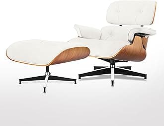 Mid Century Chaise Lounge Chair and Ottoman Top Grain Leather Classic Accent Chairs 360° swivel base with 15° Perma-tilt Quality Wooden Shell Lounge Chair for Living Room Reading - Walnut/White