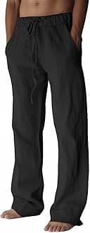 Mens Cotton Linen Pants, Summer Beach Pants Casual Loose Fit with Elastic Waist Drawstring
