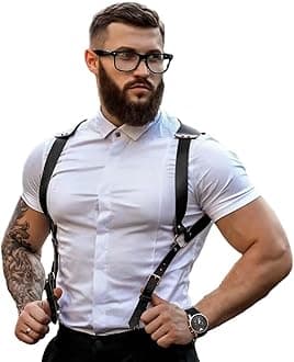 BaronHong PU Leather Renaissance Suspenders,Vintage Men's Back Support Harness,Metal Hooks for Men,Steampunk,Handmade