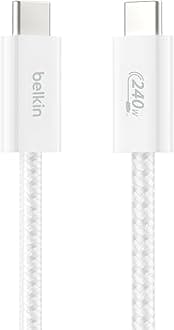 Belkin Braided USB-C to USB-C Cable (1M, 240W) - Soft, Flexible Fast-Charging Cable, Type C Charger Cord for iPhone 16 & 15 Series, Galaxy S25, Pixel 9, iPad Pro, & More - White (USB 2.0)
