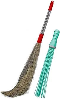 Plastic Kharata Jadu+Stainless Steel Soft Grass Broom Combo/Broom Stick for Cleaning Floor,Kitchen,Garden/Plastic Broom for Bathroom,Balcony-Indoor-Outdoor-(Grass Broom+Plastic Broom) 2pcs
