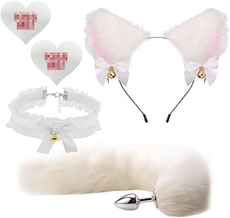 Fox Animal Costume Set Furry Ear Headband Bunny Fox Tail Anal Plug Lace Choker Necklace Heart Breast Pasties Nipple Cover Sticker Valentines Day Cosplay