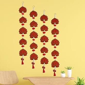 GIFT JAIPUR 5 Tier Set of 4 Strings Red Lotus Wall Hanging Gift Decorative Showpiece for Diwali Ganesh Chaturthi Pooja Home Door Decor Temple Marriage Wedding Stage Decoration (30 Inch Length