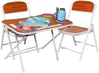 The Tickle Toe Foldable Table and 2 Chairs Set for Kids | MDF & Metal Frame Furniture for Toddlers | Compact Learning Desk Set | Study Table for 2-5 Years | Walnut Brown | Made in India