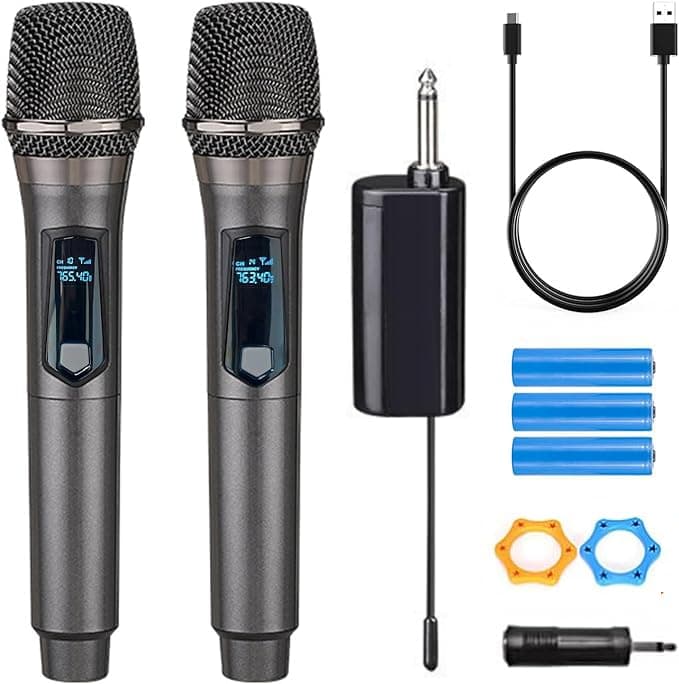 Rechargeable Dual Wireless Microphone, Dual Handheld Dynamic Wireless Microphone for Karaoke Singing Wedding, DJ, Party, Speech, Church, Class Use, PA System, 200 Feet, Grey