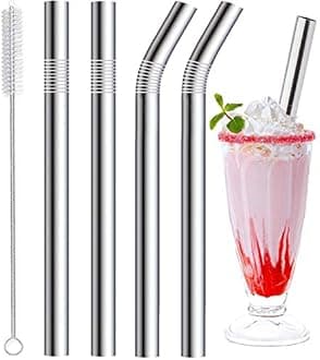 Vinaco Stainless Steel Smoothie Straws, 0.4'' Extra Wide Reusable Metal Drinking Straws for Milkshake, Smoothie, Beverage, Set of 4 with 1 Cleaning Brush