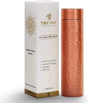 Copper Water Bottle - 37.2 OZ/1.1 L Large Handmade Hammered Pure Copper Vessel for Drinking Leak Proof Durable Easy to Carry Ideal for Home Travel Office Use