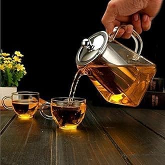 Borosilicate Glass Square Tea Pot with Heat Resistant Stainless Steel Infuser Perfect for Tea and Coffee Maker, Clear Glass Kettle with 4 Cups (750 ML, Square Kettle with Cups)