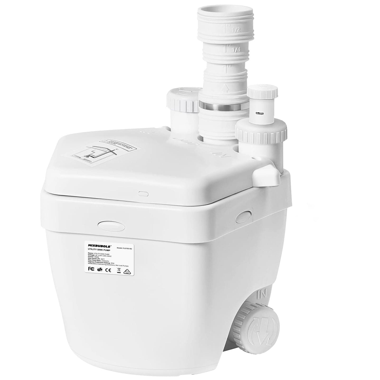 Upgraded 1 HP Utility Sink Pump with PCB Function Upflush to 36FT 2200GPH Under Sink Pump with 3 Water Inlets 1 Outlets Macerating Toilet System for Sink Shower Wash Bin Urinal Kitchen Basement