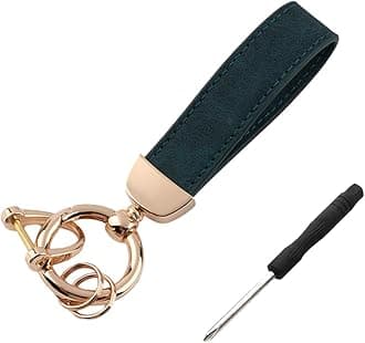Kewucn Genuine Leather Car Keychain, Universal Heavy Duty Metal Auto Key Fob Holder with Anti Lost D-Ring for Men Women (Golden-Black Green)