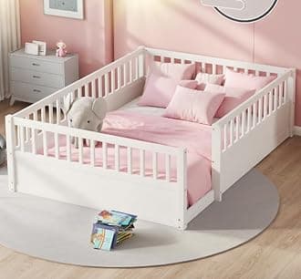 Bellemave Full Size Floor Bed with high Rails for Kids, Girls, Boys, Wood Montessori Floor Bed Without Door, White