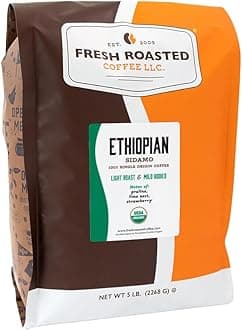 Fresh Roasted Coffee LLC, Ethiopian Sidamo Guji Coffee, Light Roast, Single Origin, Whole Bean, 5 Pound Bag