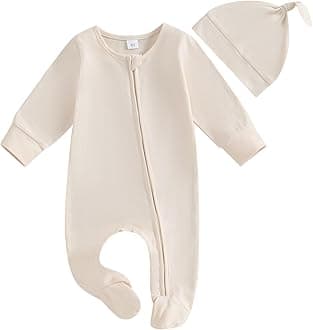 Newborn Baby Girl Boy Clothes Infant Long Sleeve Soild Footed Romper Zipper Footie Jumpsuit With Hat Fall Outfit