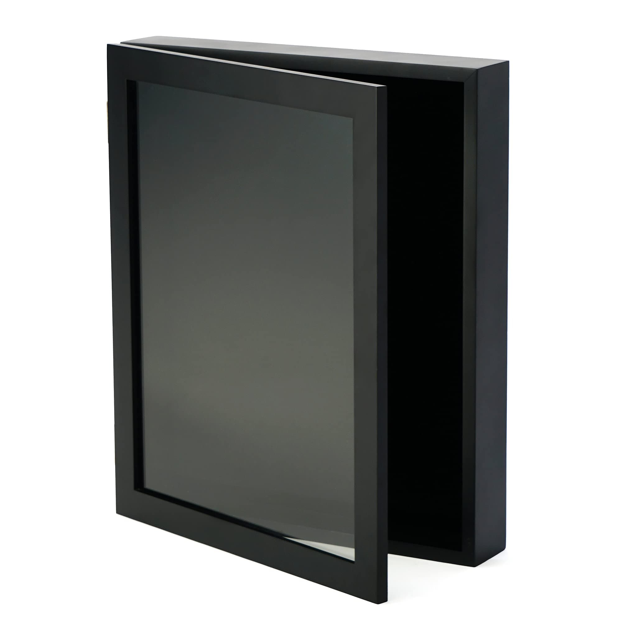 14x17 Shadow Box Display Case - Magnetically Opens & Closes Like a Door - Real Wood, Glass, Linen Background - Black - for Wall & Desktop. Protect Important Memories