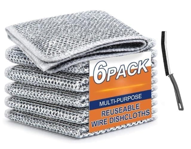 Rylan 6 Pack Non-Scratch Wire Dishcloth & Gaps Cleaning Brush, Multipurpose Wire Dishwashing Rags for Wet and Dry, Easy Rinsing, Reusable, Wire Cleaning Cloth for Kitchen, Sinks (6 Cloth+1 Brush)