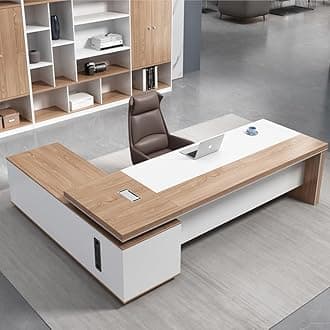 LITFAD L-shaped Office Computer Desk with Secure Drawer, CPU Cabinet and Cord Management Modern Wood Executive Desk Writing Desk Boss Table Office Furniture, Without Chairs, 110.2"L x 70.9"W x 29.5"H