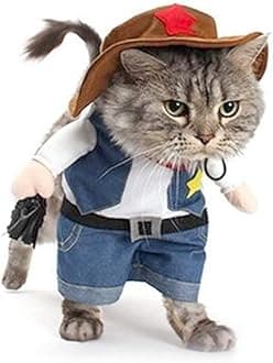 NACOCO Cowboy Cat Costume with Hat, Halloween & Christmas Costume for Small Dogs & Cats, Blue, Polyester, Size Small