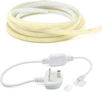 G.W.S® 1M Cool White 6000K AC 220V-240V Seamless LED COB Strip Light with Standard UK Plug, IP65 Waterproof, Cuttable Every 50CM