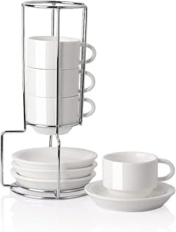 Sweejar Porcelain Espresso Cups with Saucers, 2.5 Ounce Stackable Cappuccino Cups with Metal Stand for Coffee Drinks, Latte, Tea - Set of 4 (White)