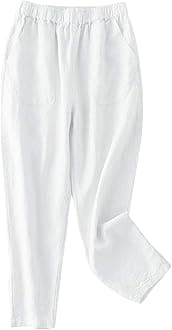 IXIMO Women's 100% Linen Capris Elastic Waist Tapered Cropped Pants with Pockets