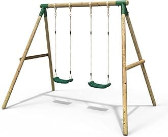 Rebo® Children's Wooden Garden Swing Set - Venus | OutdoorToys | Pressure Treated Timber, Soft Feel Ropes, Two Green Swing Seats, Sturdy Construction for Kids